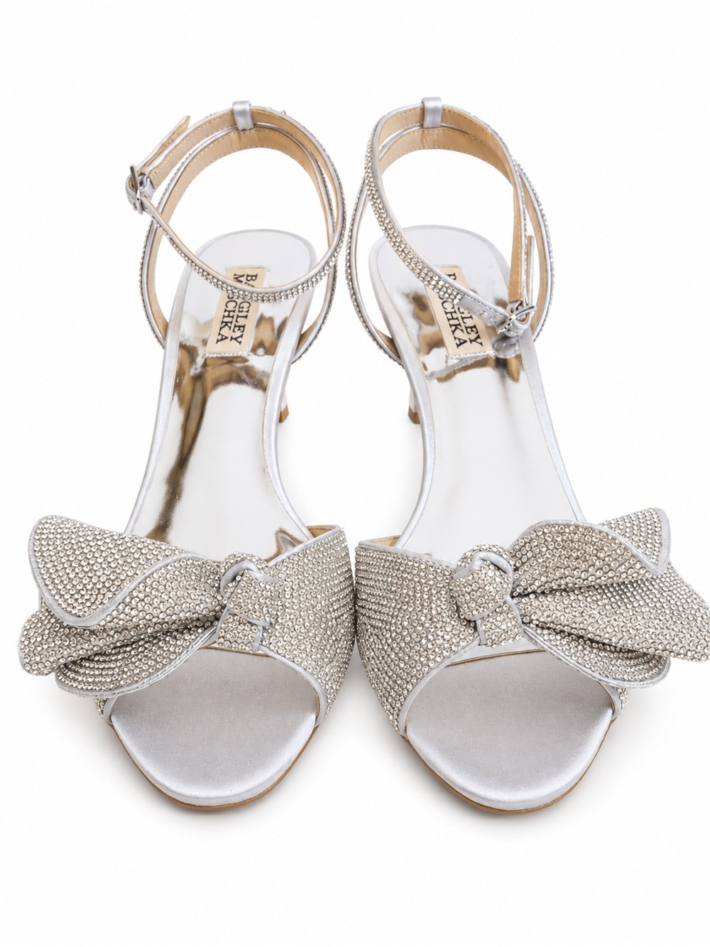 Badgley Mischka Remi Crystal Bow Heels – Silver Satin – Size 8.5 – NIB